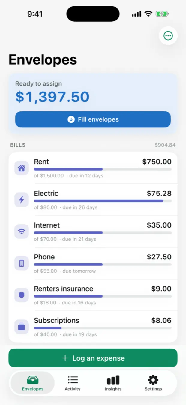 Envelopes with their current balances