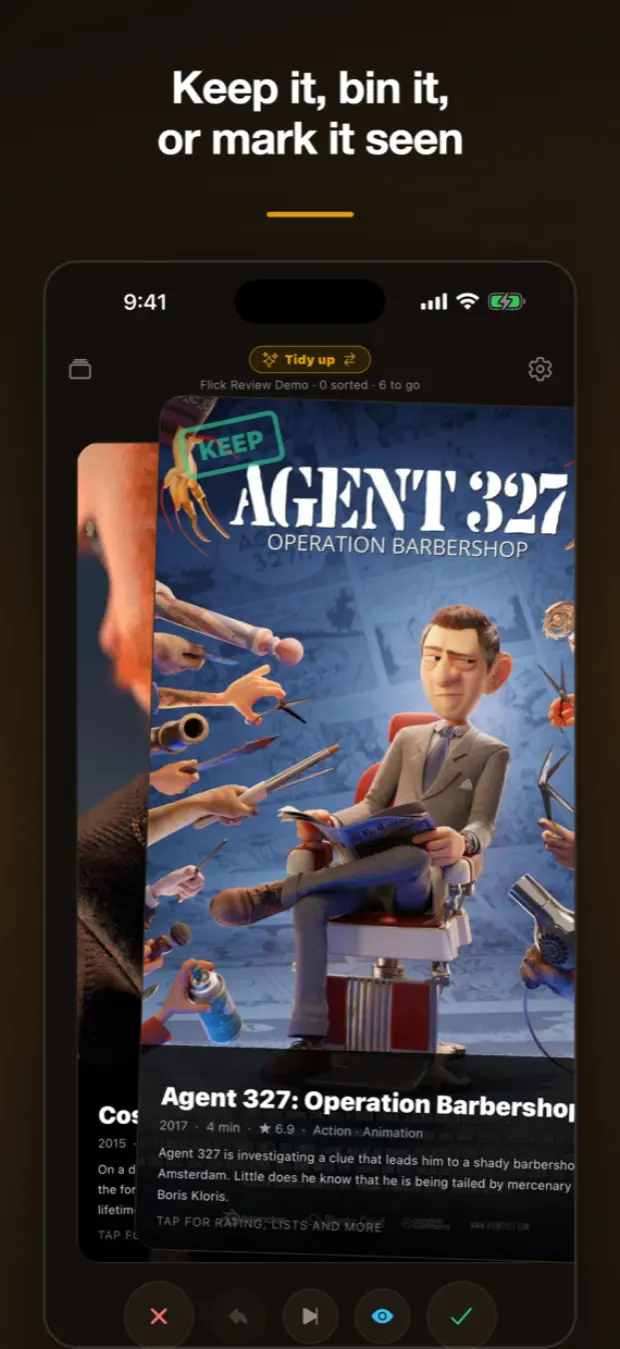 The swipe deck showing a film with its poster and rating